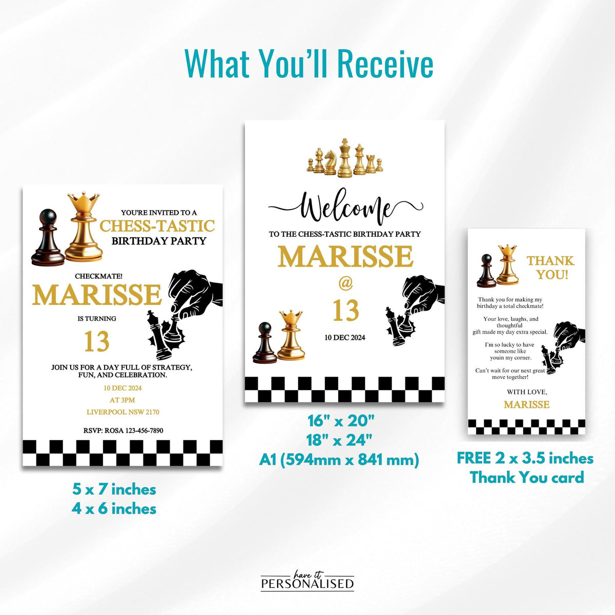 Chess Birthday Party Bundle, Editable Chess Invitation & Welcome Sign, Checkmate Birthday Party Template, Thank You Card