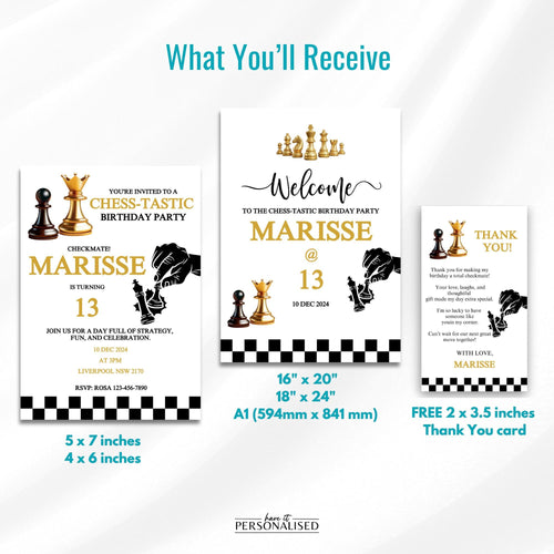 Chess Birthday Party Bundle, Editable Chess Invitation & Welcome Sign, Checkmate Birthday Party Template, Thank You Card