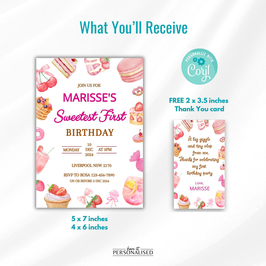 Sweet First Birthday Invitation, Pink Dessert Party Invite, Editable Digital Template & Thank You Card