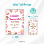 Sweet First Birthday Invitation, Pink Dessert Party Invite, Editable Digital Template & Thank You Card