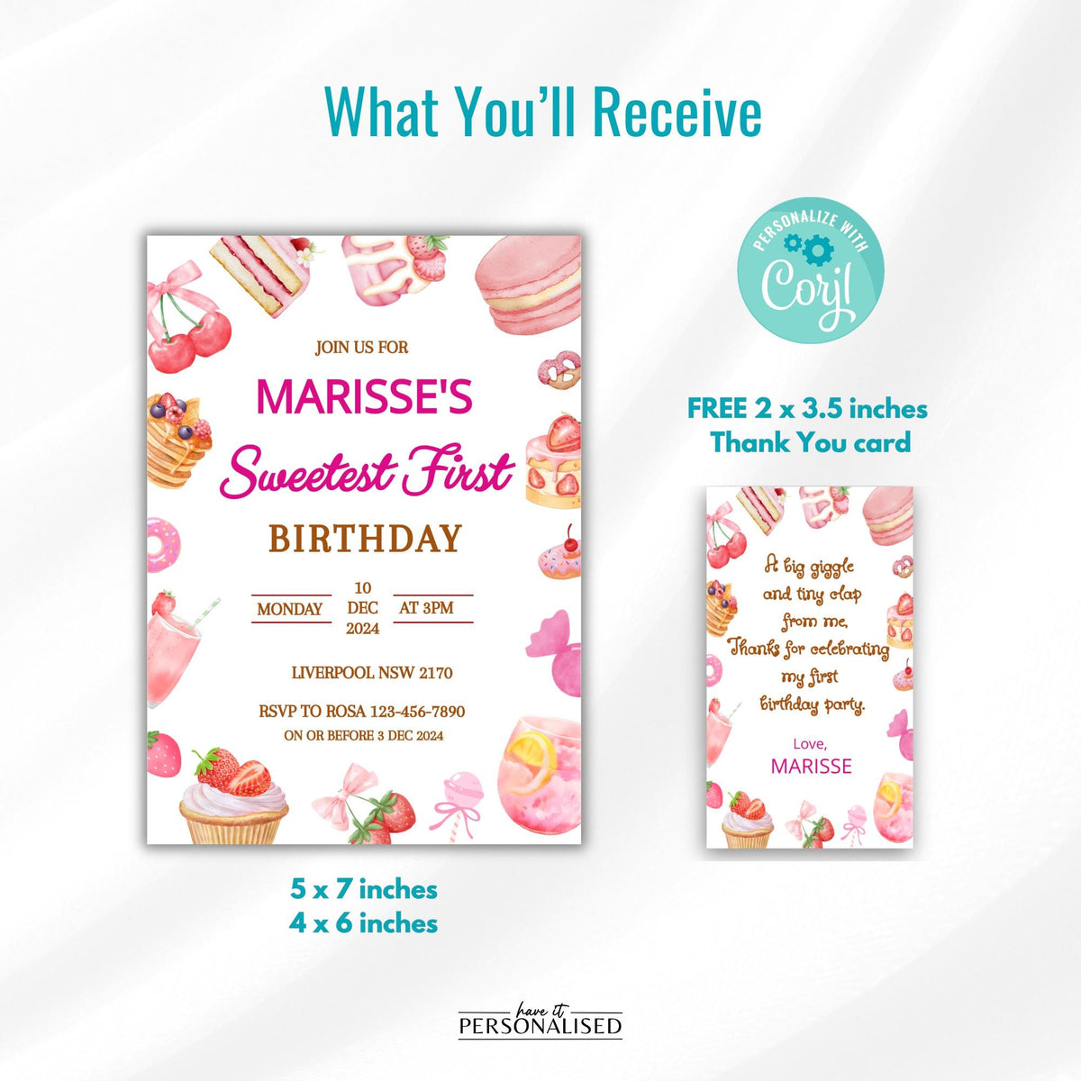Sweet First Birthday Invitation, Pink Dessert Party Invite, Editable Digital Template & Thank You Card