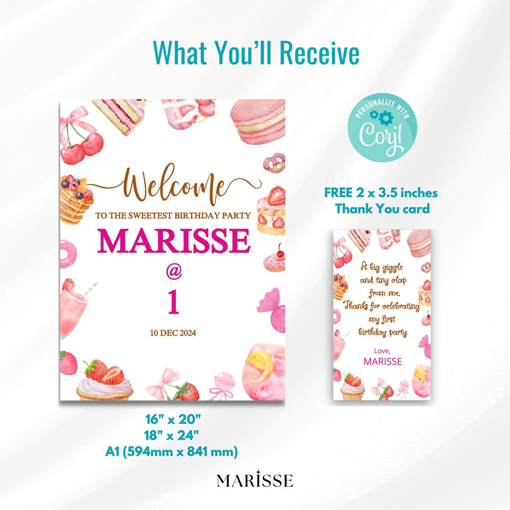Sweet First Birthday Welcome Sign, Pink Dessert Party Sign, Editable Printable A1 Template