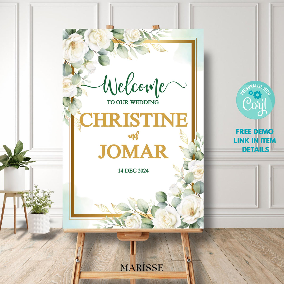 Eucalyptus Wedding Welcome Sign Template, Editable Greenery Wedding Sign, White Floral Gold Wedding Welcome Poster, Free Thank You Card