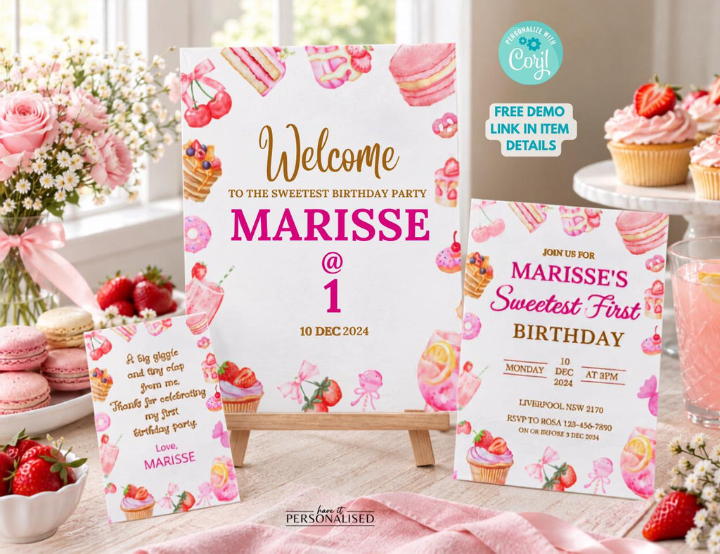 Sweet First Birthday Party Set, Pink Invitation, Welcome Sign & Thank You Card