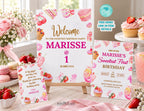 Sweet First Birthday Party Set, Pink Invitation, Welcome Sign & Thank You Card