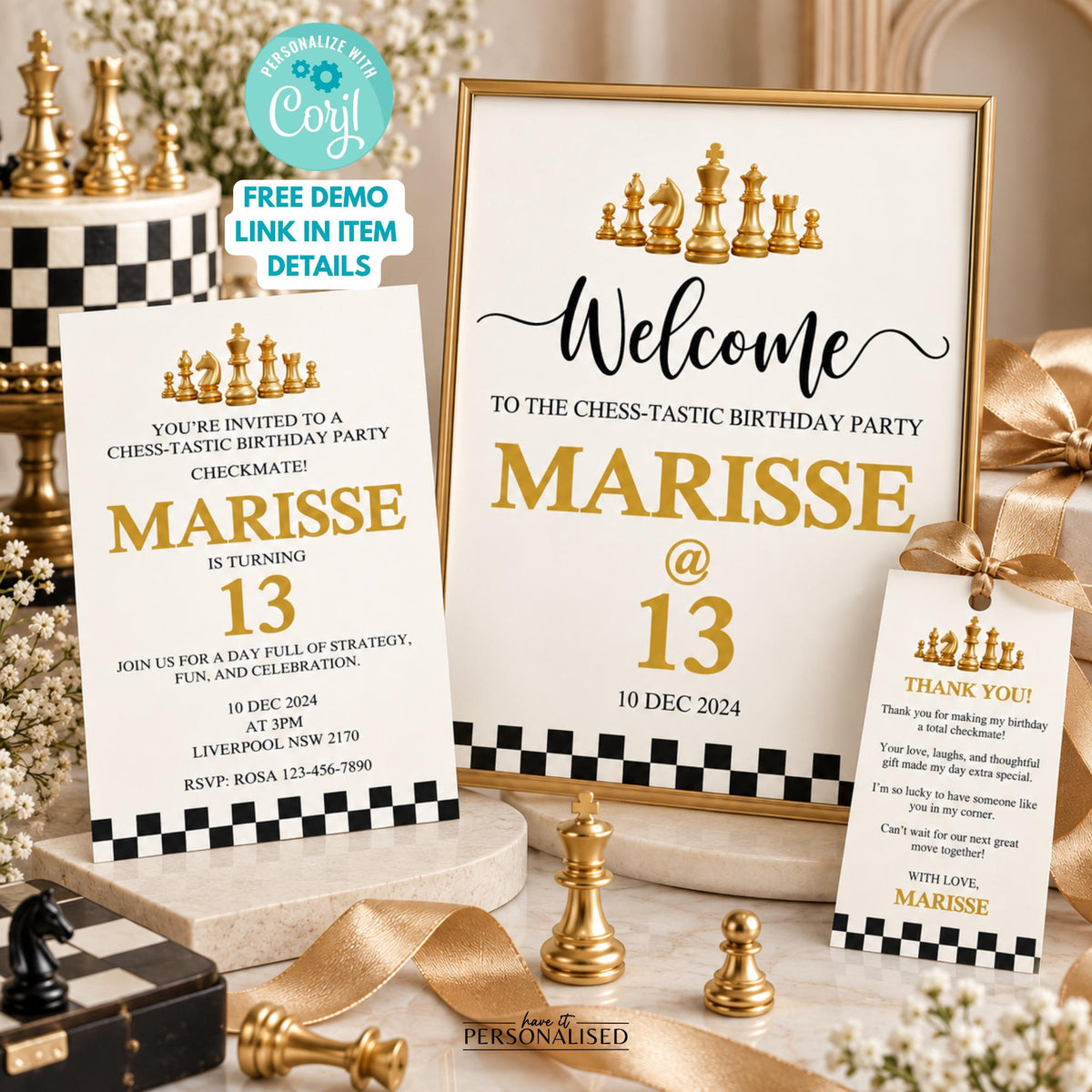 Chess Birthday Party Bundle, Editable Invitation, Welcome Sign, Thank You Card (Digital Download)
