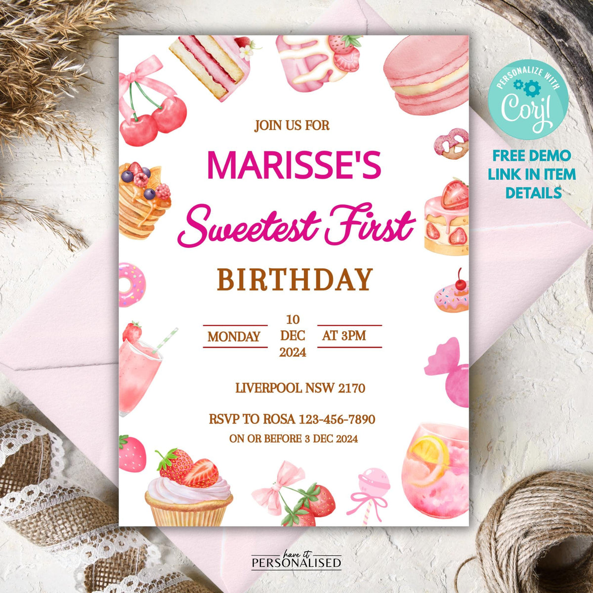 Sweet First Birthday Invitation, Pink Dessert Party Invite, Editable Digital Template & Thank You Card