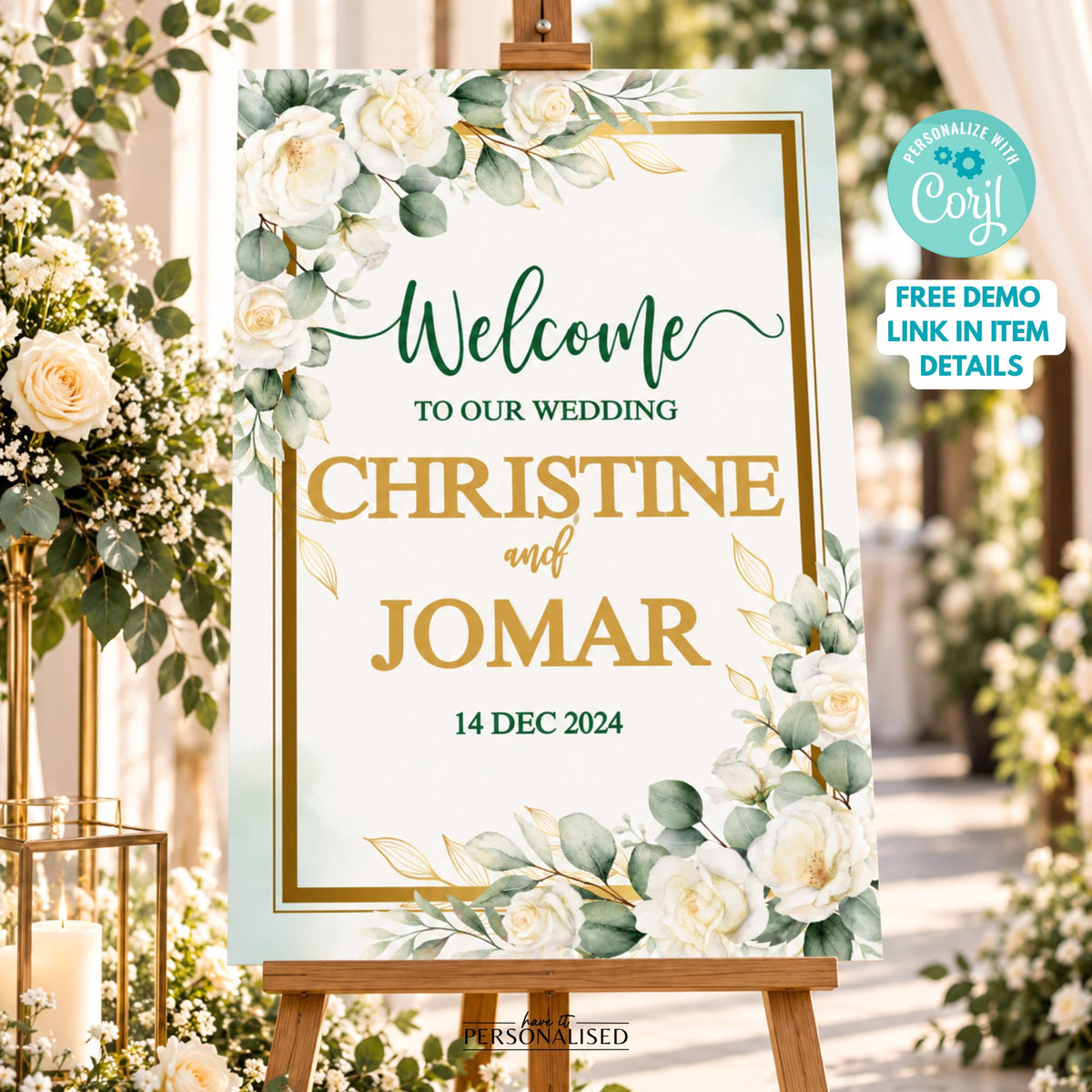 Eucalyptus Wedding Welcome Sign Template, Editable Greenery Wedding Sign, White Floral Gold Wedding Welcome Poster, Free Thank You Card