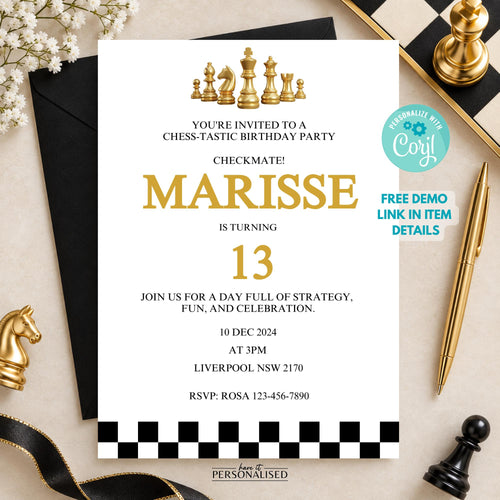 Chess Birthday Party Bundle, Editable Invitation, Welcome Sign, Thank You Card (Digital Download)