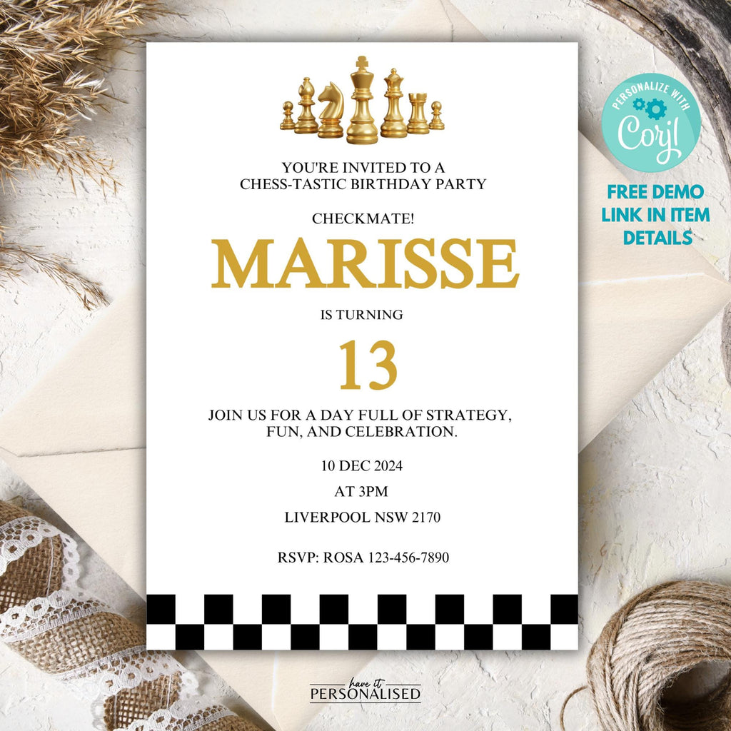 Chess Birthday Invitation Template, Editable Checkmate Party Invite (Digital Download)