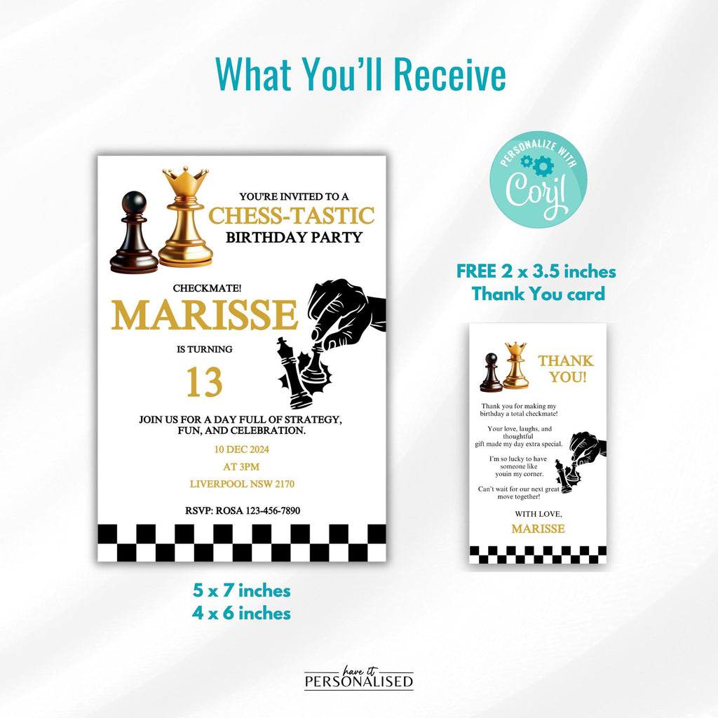 Chess Birthday Invitation Template, Editable Chess Party Invite, Checkmate Birthday Invitation, Corjl Template + Free Thank You Card