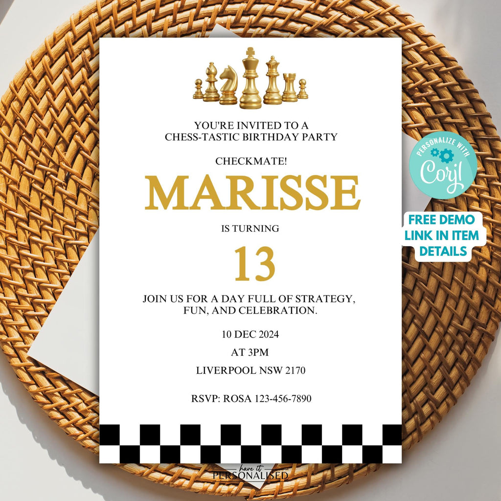 Chess Birthday Invitation Template, Editable Checkmate Party Invite (Digital Download)