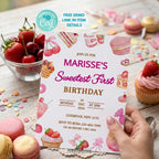 Sweet First Birthday Invitation, Pink Dessert Party Invite, Editable Digital Template & Thank You Card
