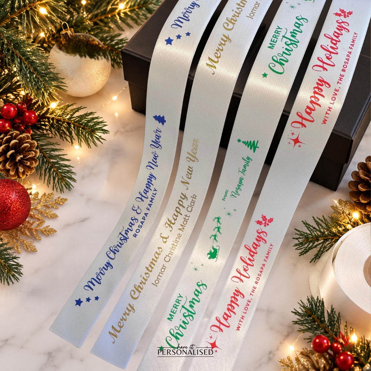 Personalised White Christmas Ribbon – 25mm Satin