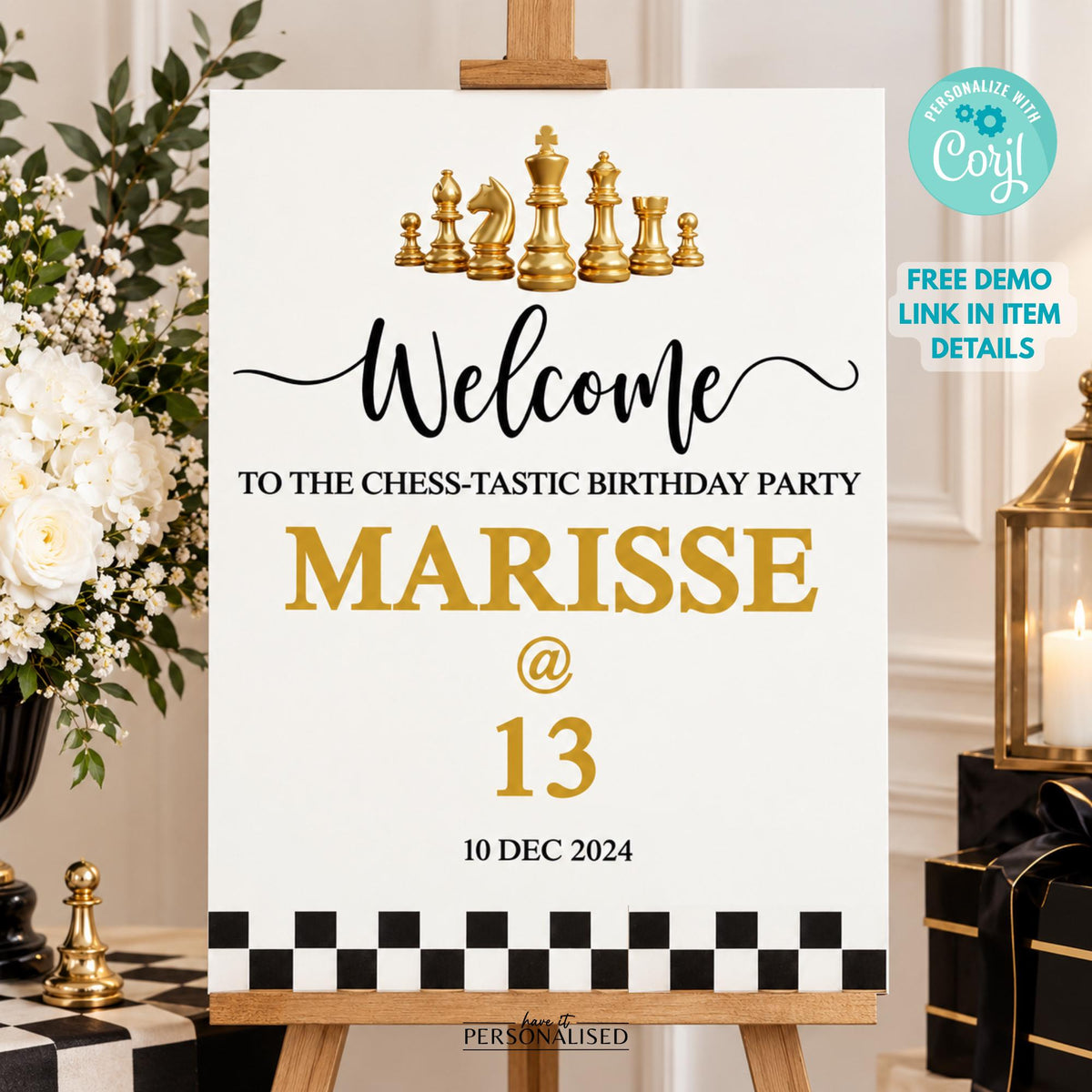 Chess Birthday Welcome Sign, Editable Checkmate Party Poster (Digital Download)