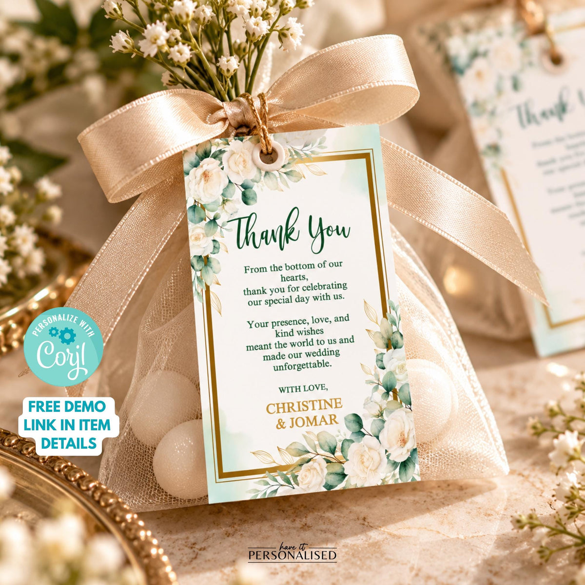Eucalyptus Wedding Invitation Template, Editable Greenery Wedding Invite, White Floral Gold Wedding Invitation, Corjl Template