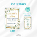 Eucalyptus Wedding Invitation Template, Editable Greenery Wedding Invite, White Floral Gold Wedding Invitation, Corjl Template