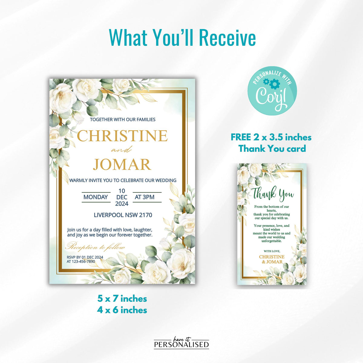 Eucalyptus Wedding Invitation Template, Editable Greenery Wedding Invite, White Floral Gold Wedding Invitation, Corjl Template