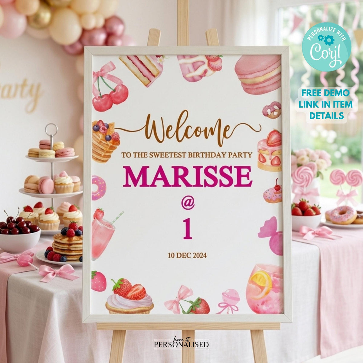 Sweet First Birthday Welcome Sign, Pink Dessert Party Sign, Editable Printable A1 Template
