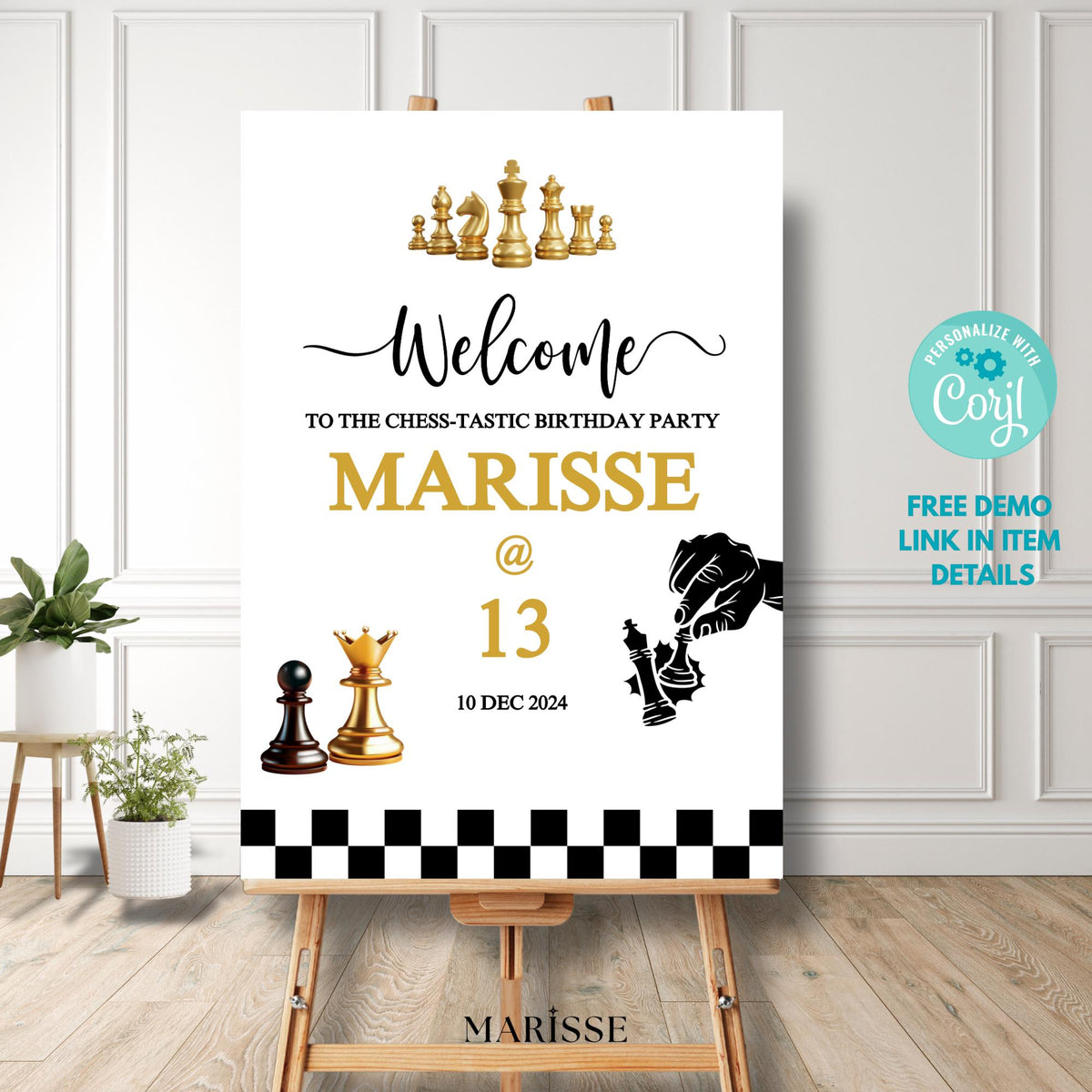 Chess Birthday Welcome Sign Template, Editable Chess Party Sign, Checkmate Birthday Welcome Poster, Corjl Template + Free Thank You Card