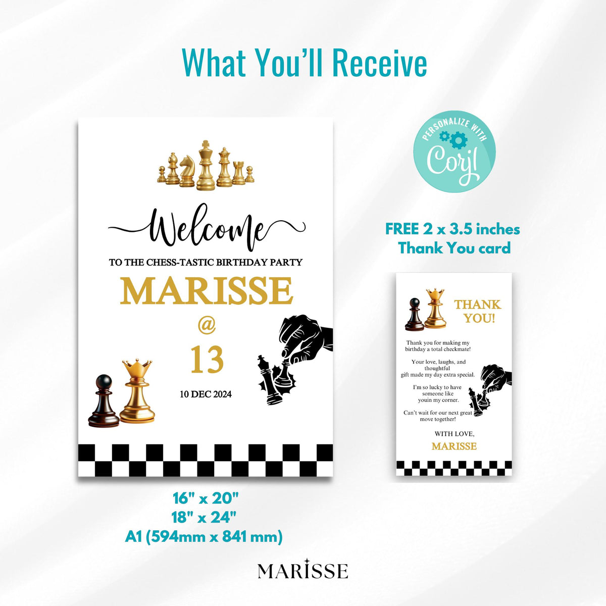 Chess Birthday Welcome Sign Template, Editable Chess Party Sign, Checkmate Birthday Welcome Poster, Corjl Template + Free Thank You Card