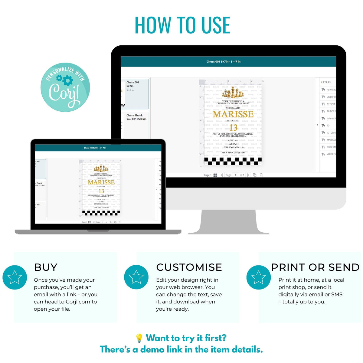 Chess Birthday Invitation Template, Editable Checkmate Party Invite (Digital Download)
