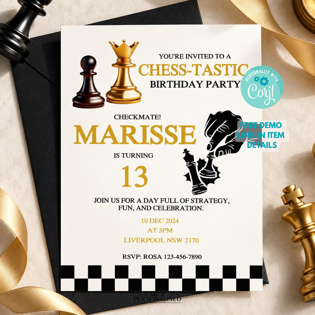 Chess Birthday Party Bundle, Editable Chess Invitation & Welcome Sign, Checkmate Birthday Party Template, Thank You Card