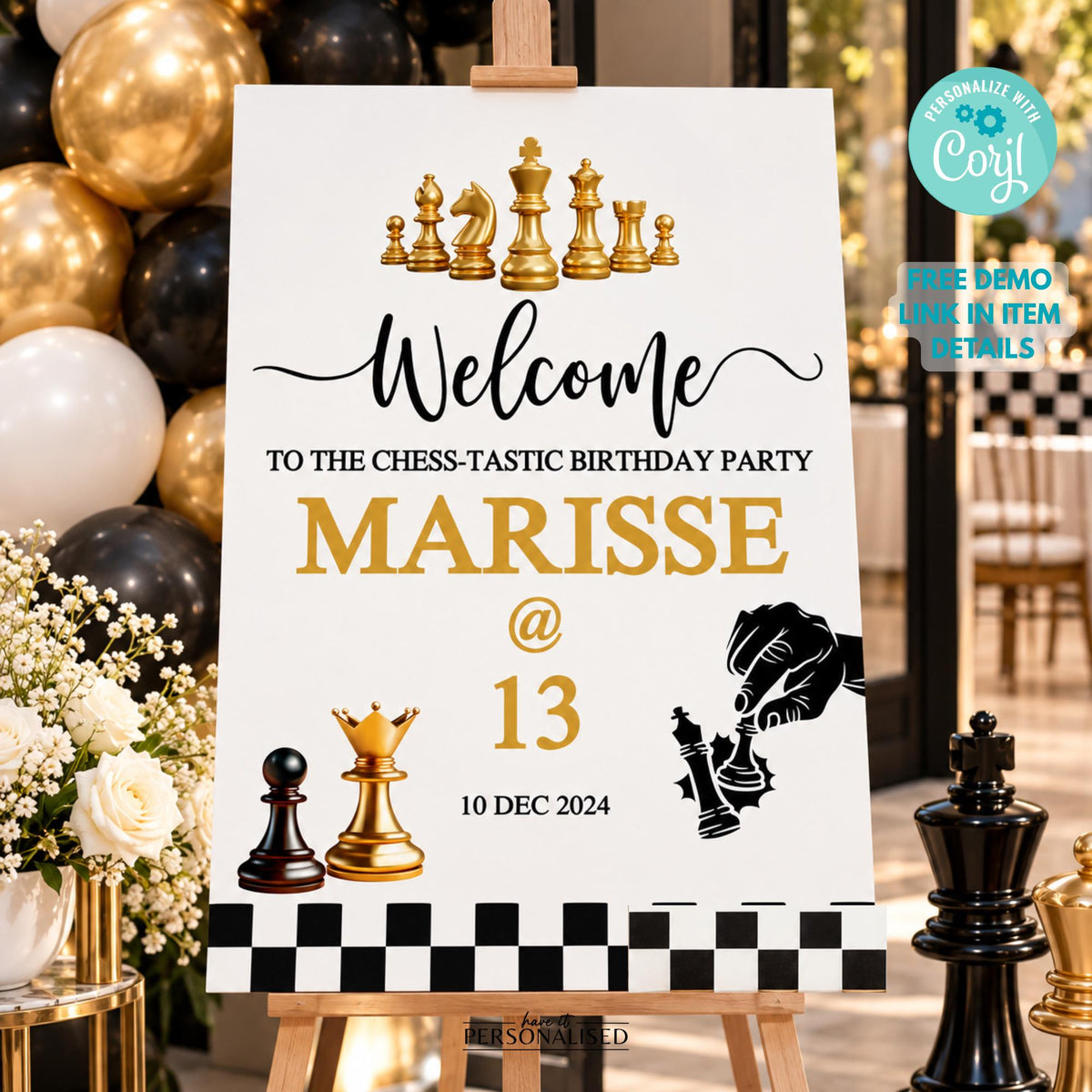 Chess Birthday Party Bundle, Editable Chess Invitation & Welcome Sign, Checkmate Birthday Party Template, Thank You Card