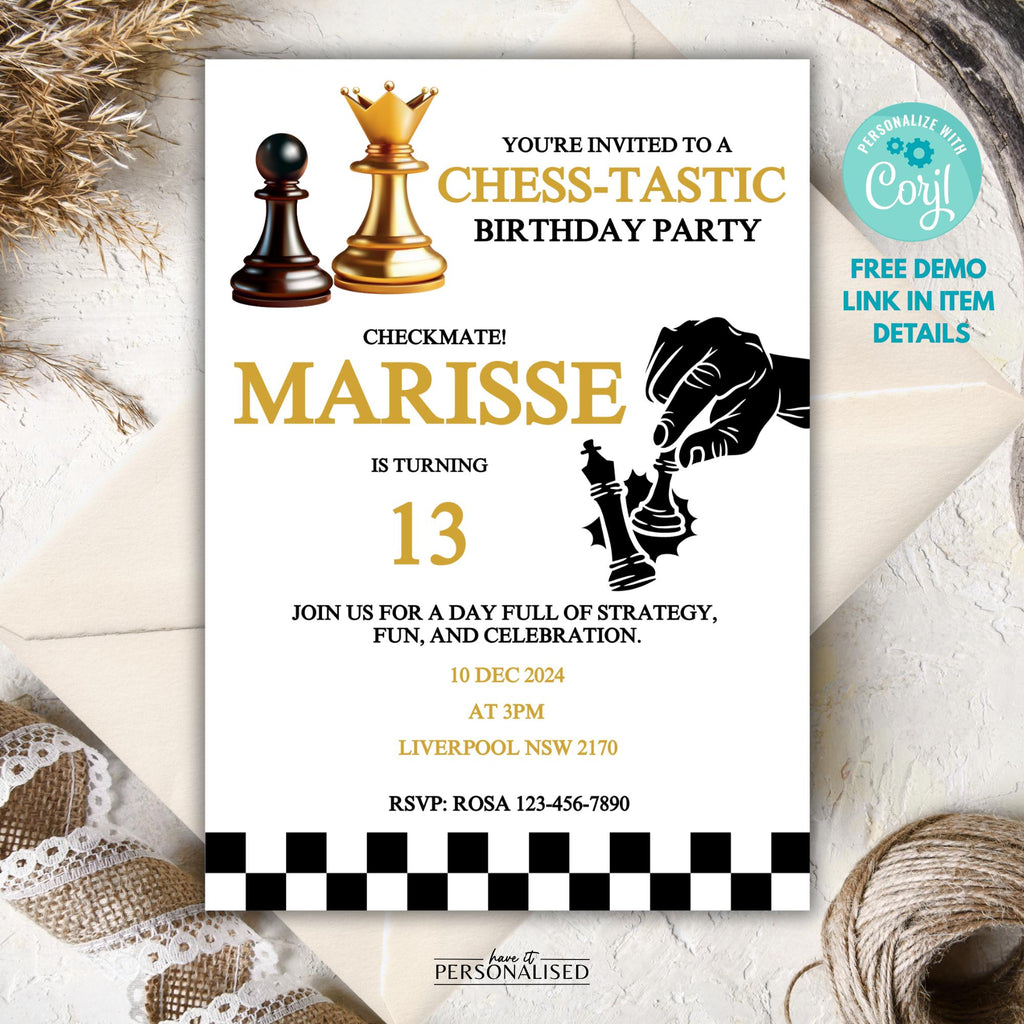 Chess Birthday Invitation Template, Editable Chess Party Invite, Checkmate Birthday Invitation, Corjl Template + Free Thank You Card