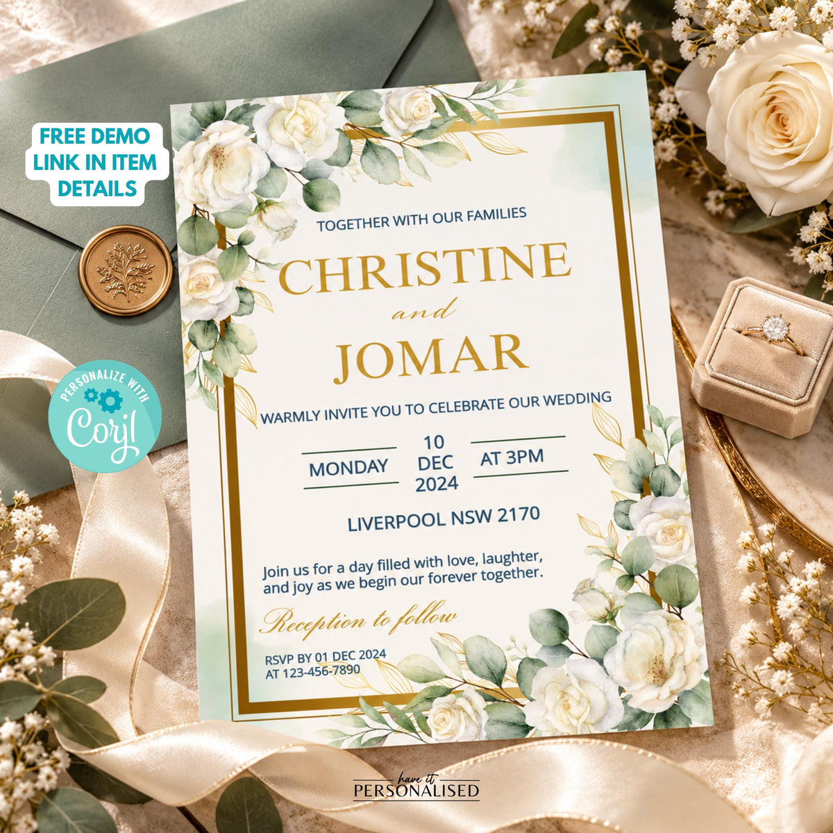 Eucalyptus Wedding Invitation Template, Editable Greenery Wedding Invite, White Floral Gold Wedding Invitation, Corjl Template