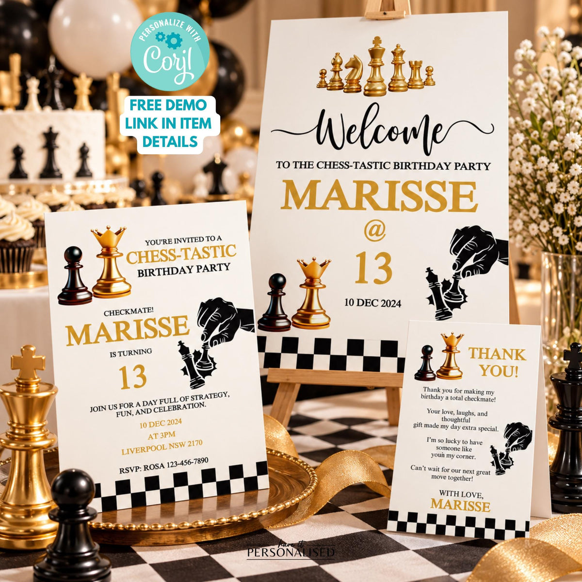 Chess Birthday Party Bundle, Editable Chess Invitation & Welcome Sign, Checkmate Birthday Party Template, Thank You Card