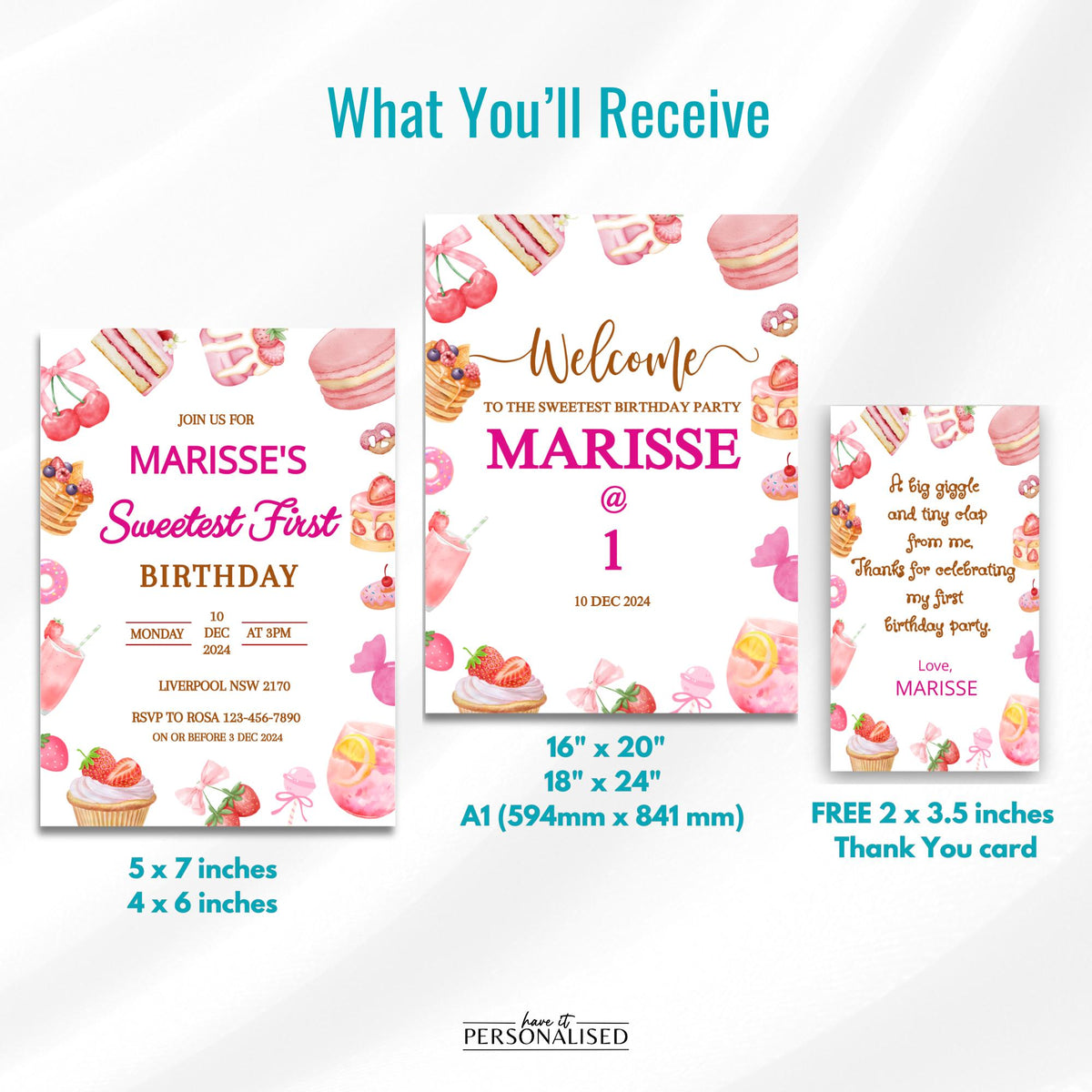 Sweet First Birthday Party Set, Pink Invitation, Welcome Sign & Thank You Card