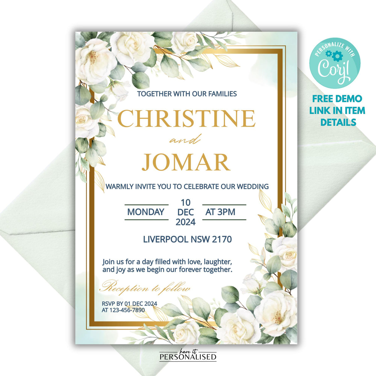 Eucalyptus Wedding Invitation Template, Editable Greenery Wedding Invite, White Floral Gold Wedding Invitation, Corjl Template