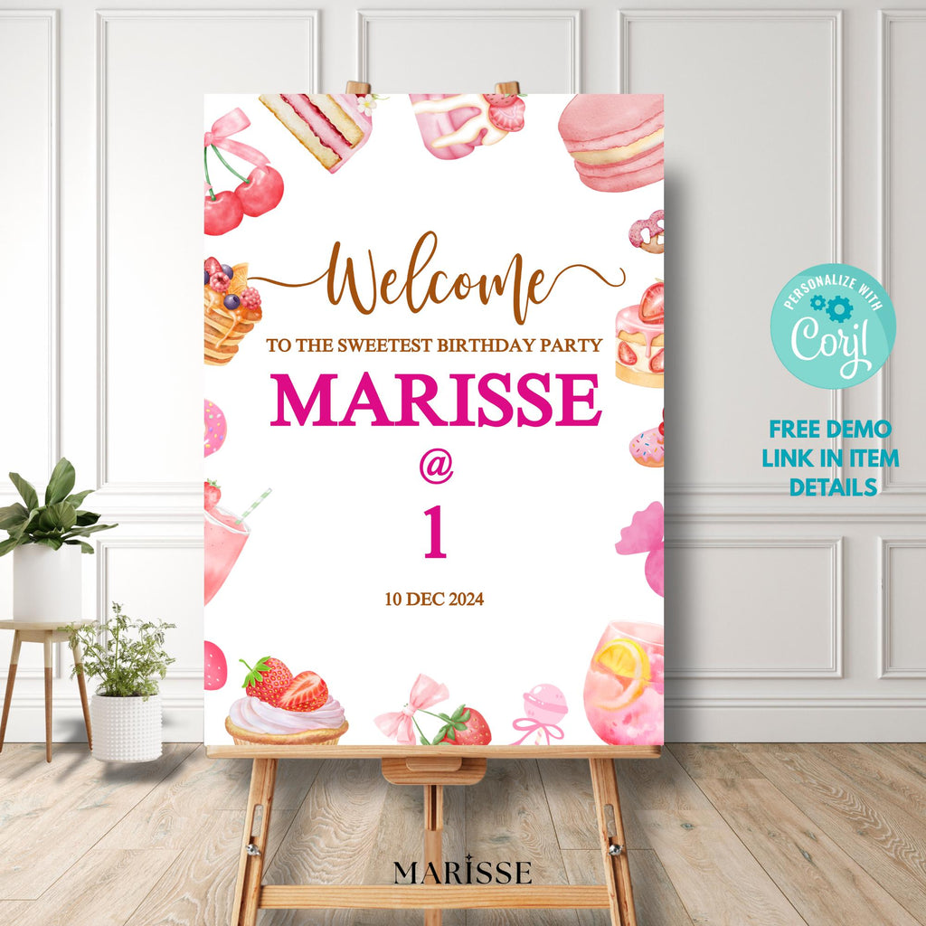 Sweet First Birthday Welcome Sign, Pink Dessert Party Sign, Editable Printable A1 Template
